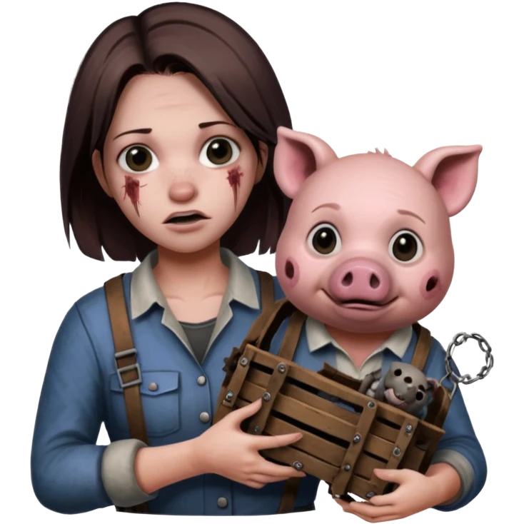 Amanda Young as the Pig from Dead by Daylight, holding a reverse bear trap, creepy expression emoji