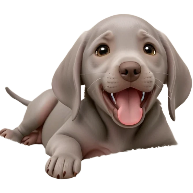 cinematic-cute-yawning-weimaraner puppy-portrait-emoji,-head-tilted-slightly-with-a-dramatic,-wide-open-yawn,-revealing-a-sleek grey fur-with-a-subtle-shimmer,-floppy-ears-slightly-drooping,-round-brown-eyes-barely-open-in-drowsy emoji