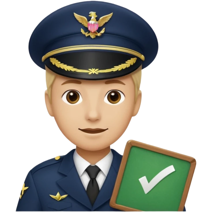 Slack-style emoji of a pilot wearing a slightly tilted navy captain hat holding a green board with a white check mark emoji