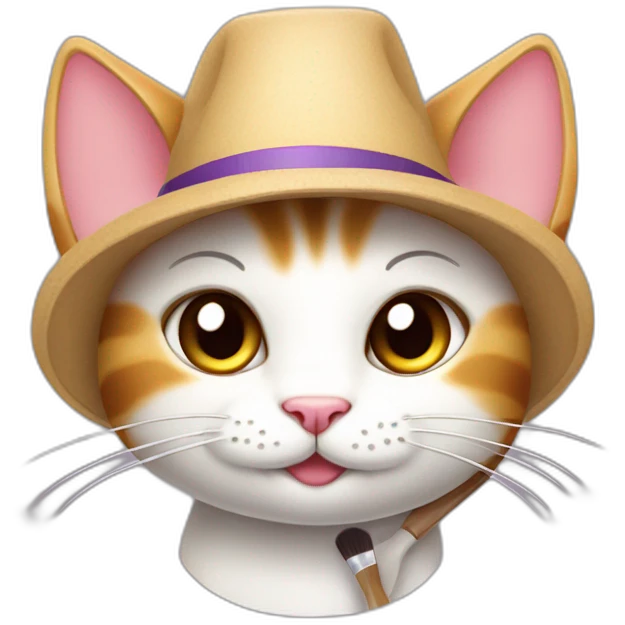 Kawaii cat artist in hat with palette and brush so it can be used as a mouse cursor emoji