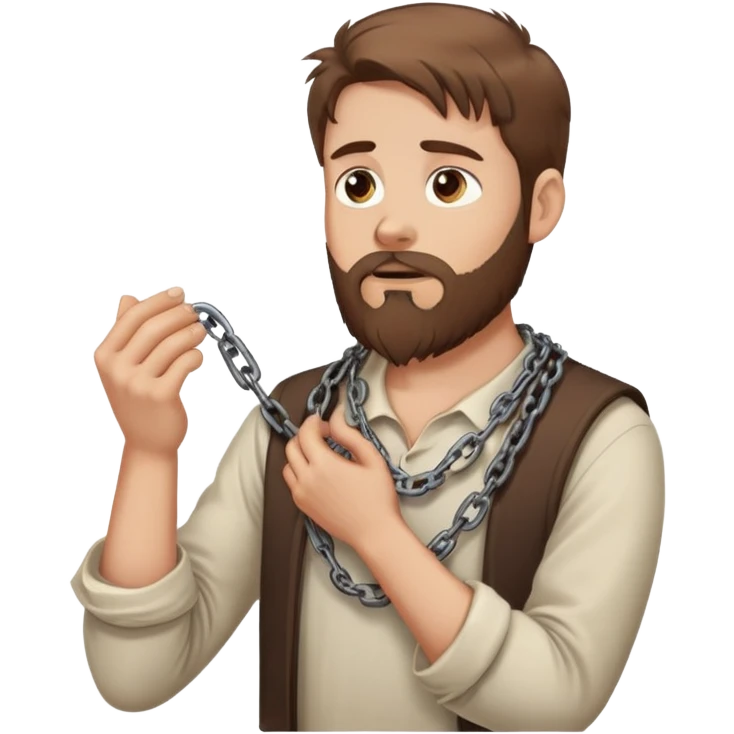 White man with brown hair and beard with anxiety and begging. holding a chain in his hands. profile view emoji