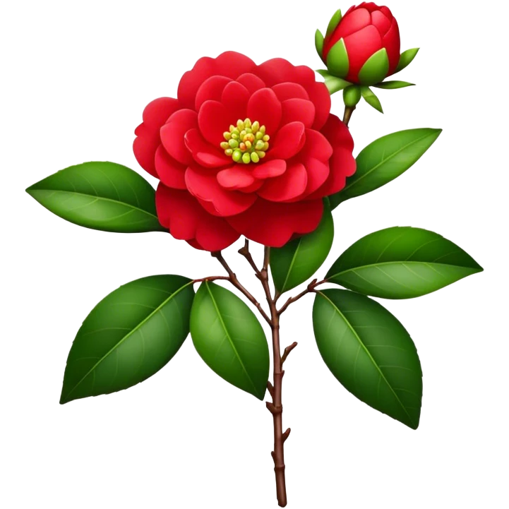 bouquet Red Camellia, luxuriant, stem, leaf, bud emoji