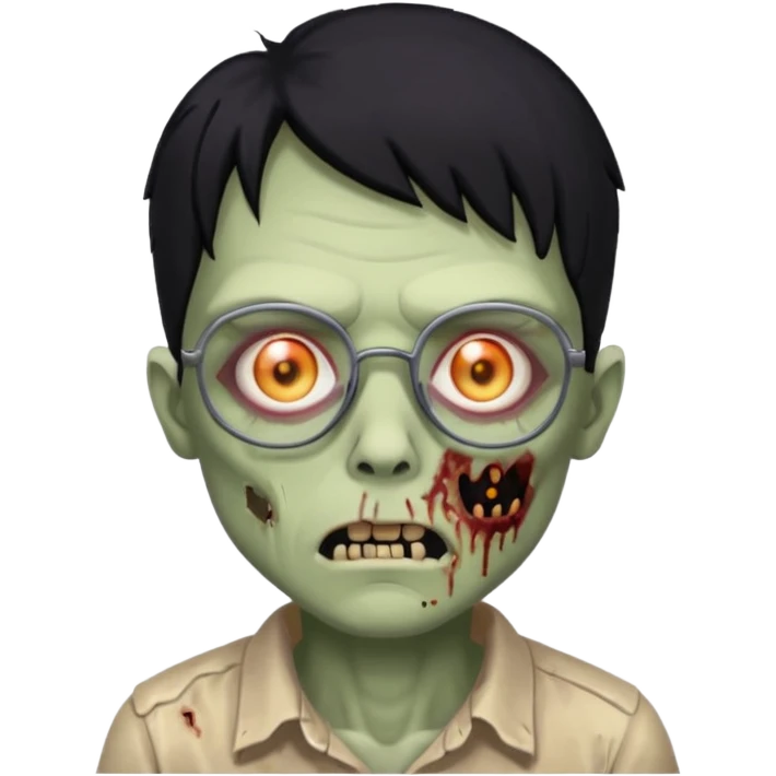zumbie de cabelo preto,olhos pretos e oculos pequeno emoji