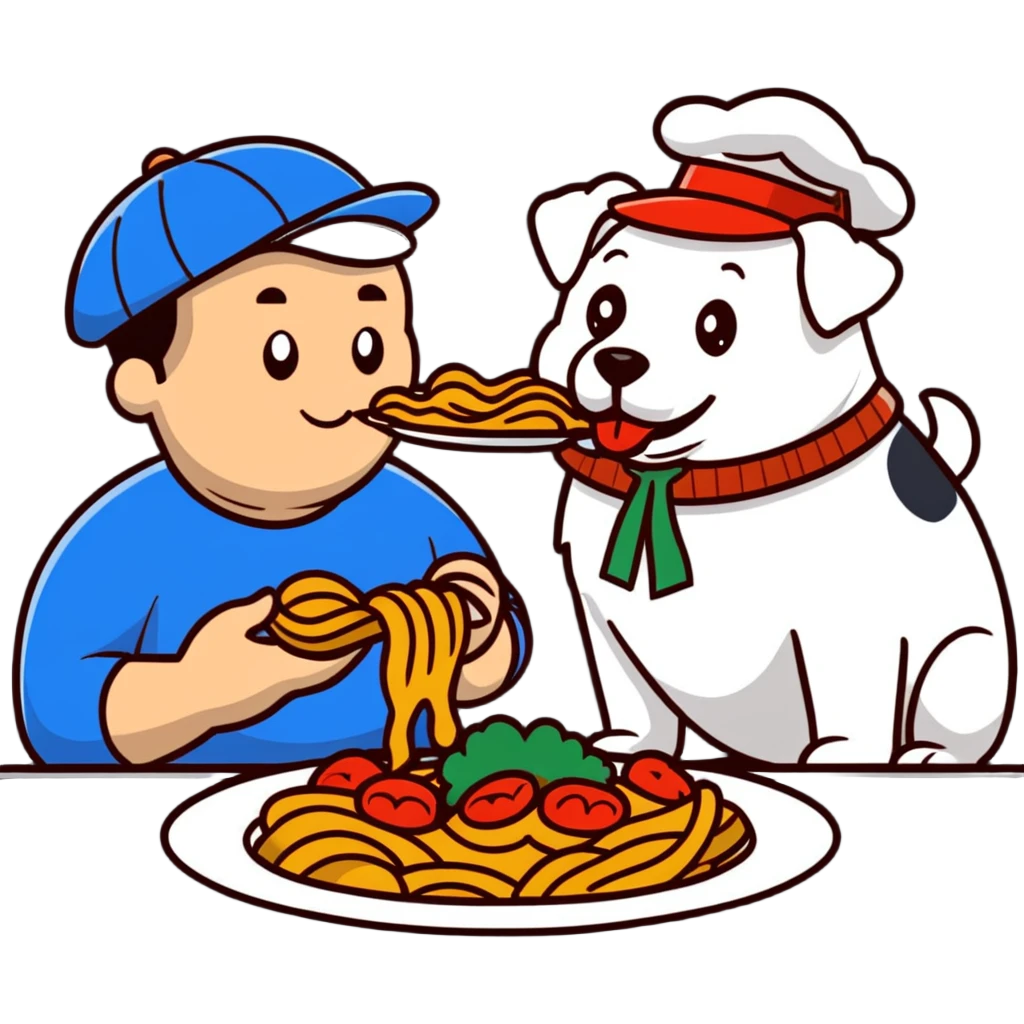 guy in Italy eating pasta with a huge, happy, fat whale of a dog wearing an Italy hat emoji