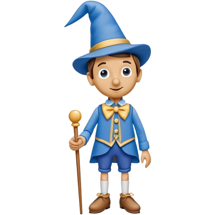 Wooden puppet Pinocchio with a long nose, wearing blue clothes and a pointed hat emoji