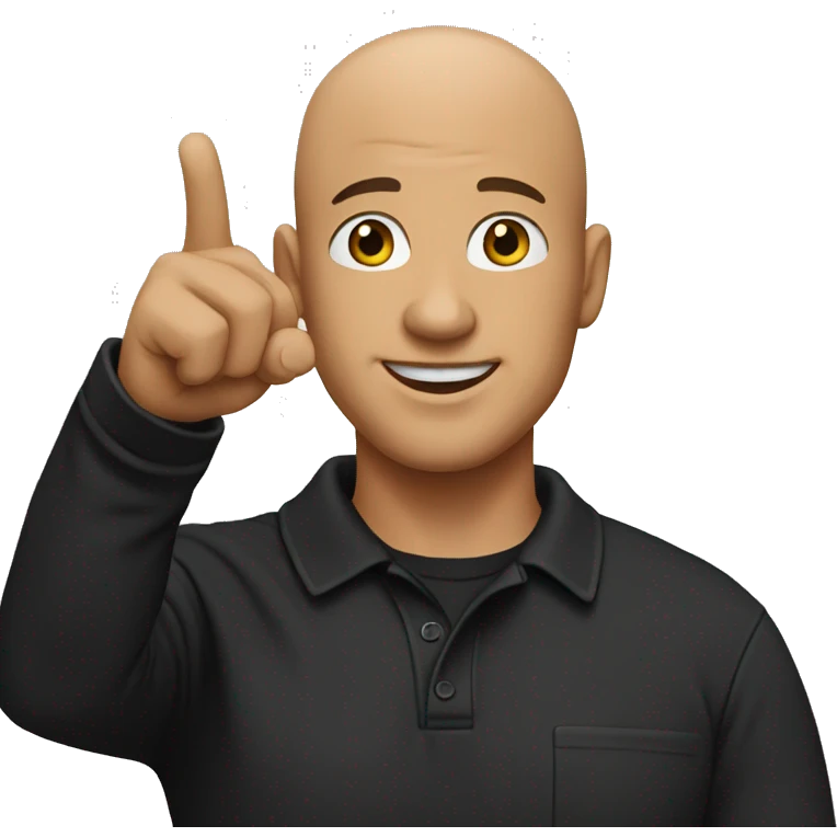 bald man pointing in front wearing a black cap and black polo emoji