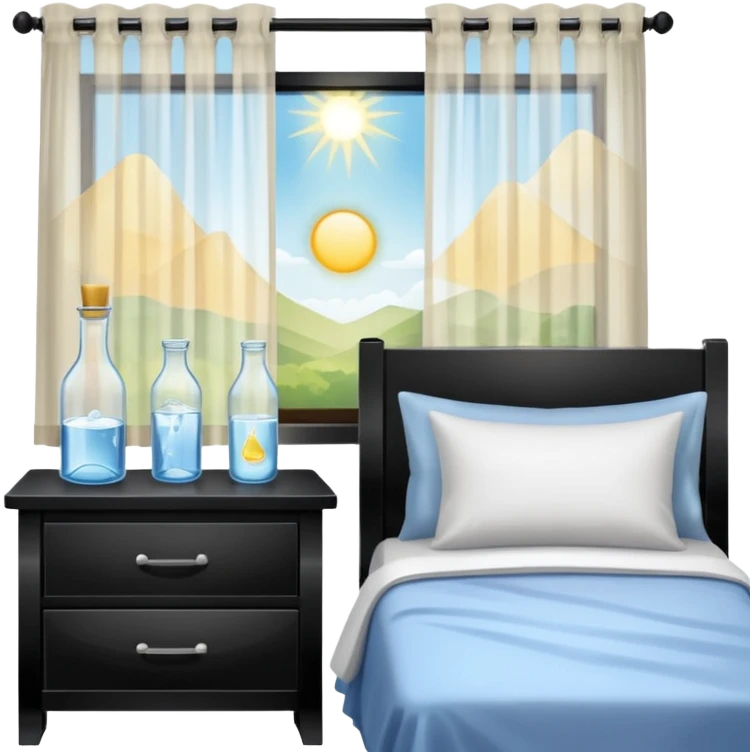 sunlight through curtains, GoCLN bottle and water glass on bedside table emoji