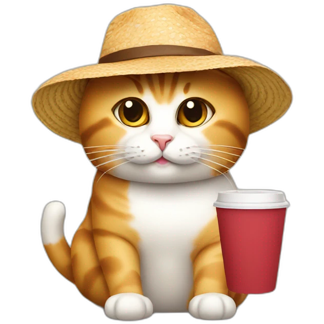 Cat with bagel and coffee wearing sun hat emoji