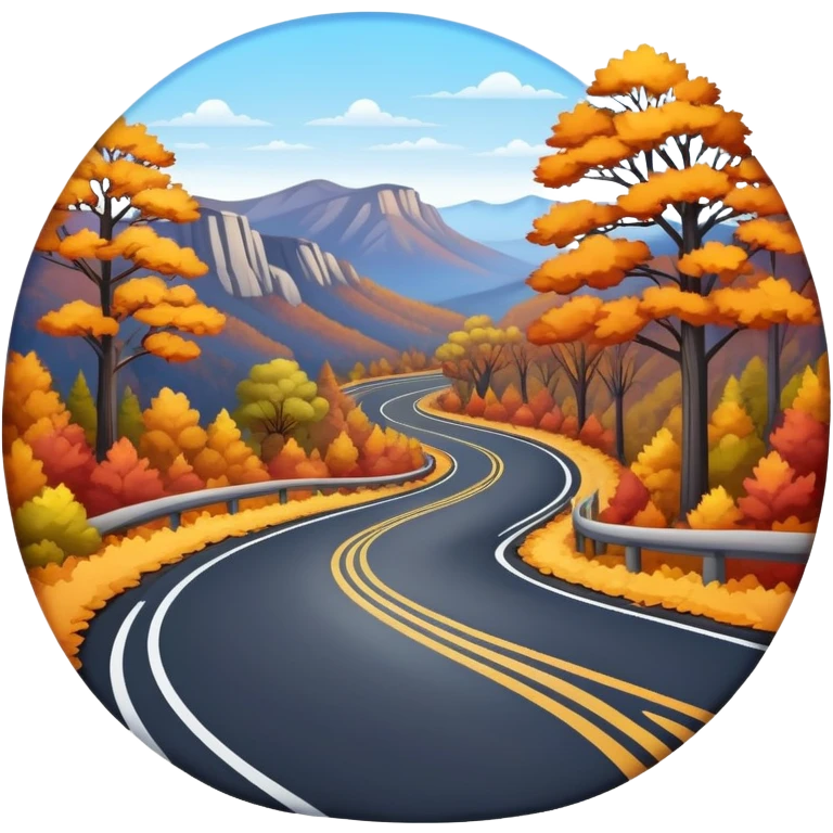 A single winding asphalt road through the blue mountains and autumn colored trees emoji
