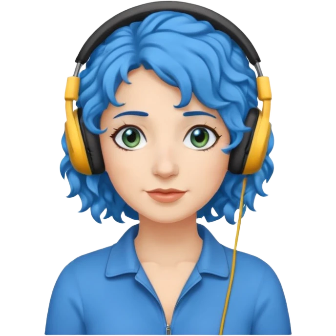 blue haired earringed heaphone wearing middle aged woman very very curly long haired and hazel eyes emoji