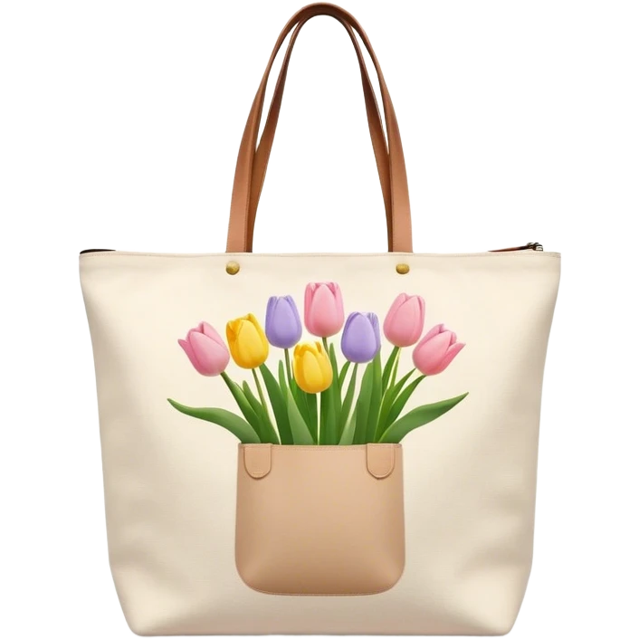 canvas tote bag with pastel tulips hanging out the top emoji