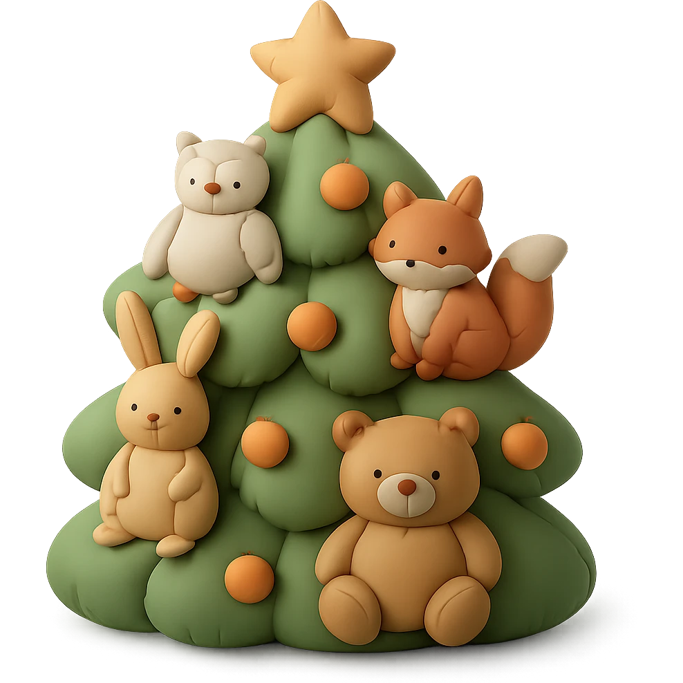 pine tree decorated with woodland critters in cushion style emoji