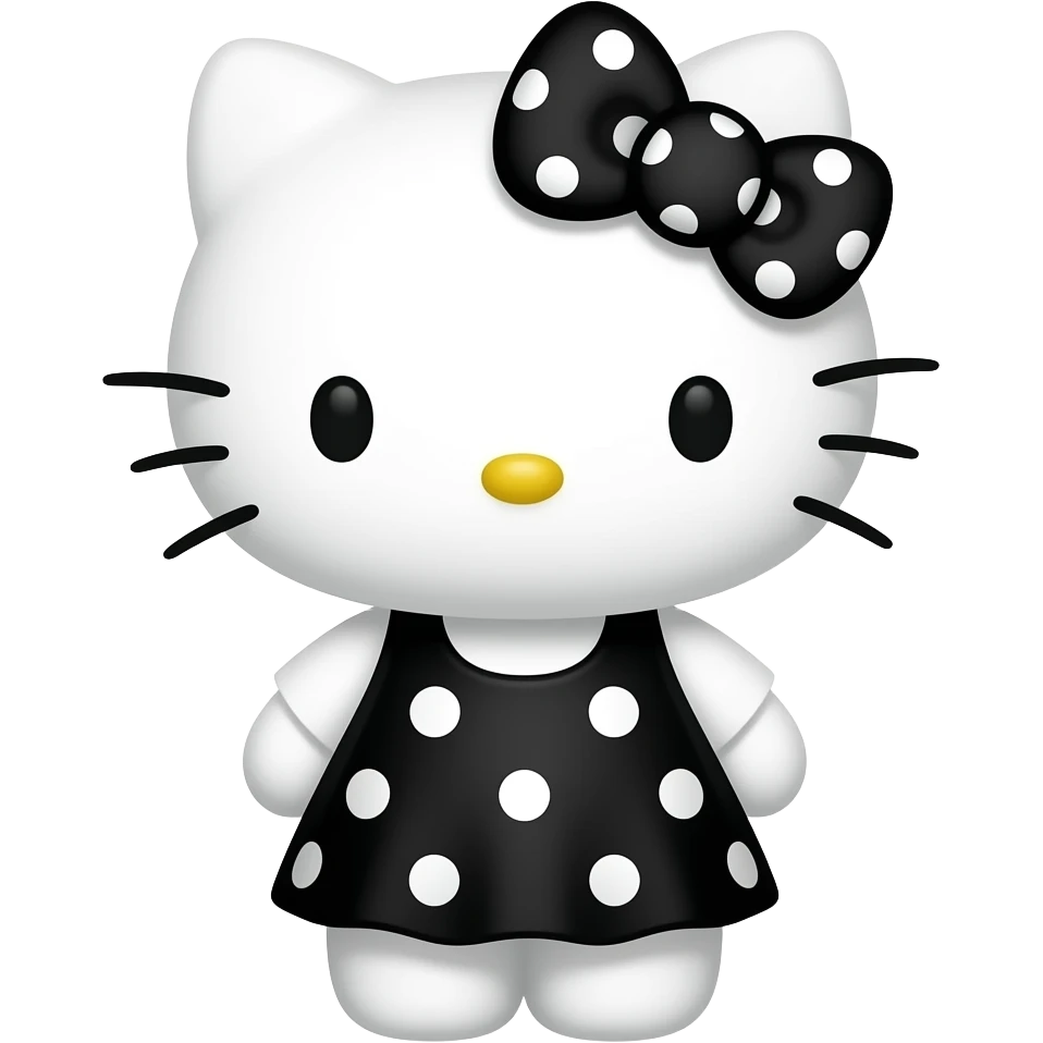 hello kitty wearing black with white polka dots skirt and a white shirt with a black with white polka dots bow emoji