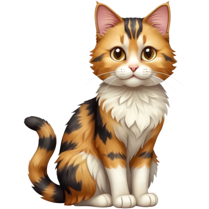 cinematic-[calico tabby cat]-realistic-full-body-sitting-emoji,-tail-curled-playfully-around-its-paws,-head-tilted-dramatically,-scruffy-[calico]-fur,-simplified-yet-realistic-focused-features,-highly-detailed,-glowing-with-an-almost-sarcastic-glow emoji
