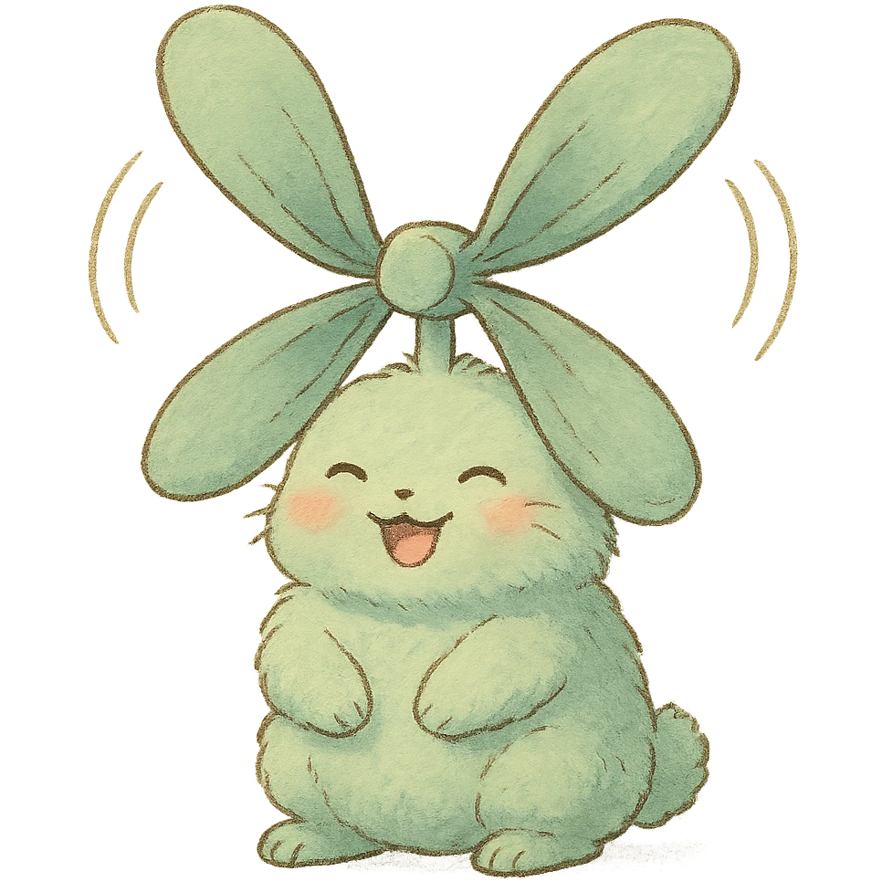 chibi electric fan as a soft, fluffy bunny, spinning ears like fan blades, cheerful face, pastel green, full-body emoji