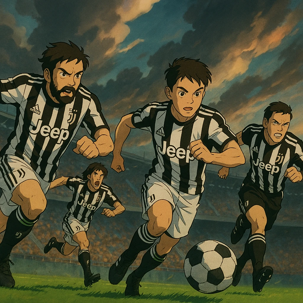 Juventus players in action, stylized and dramatic emoji