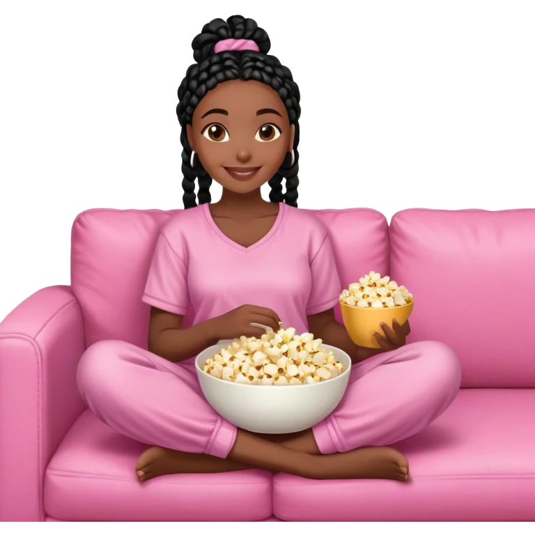 A dark-skinned Black woman with black box braids, holding a large bowl of popcorn in her lap, smiling, wearing comfy loungewear sitting on pink couch. emoji