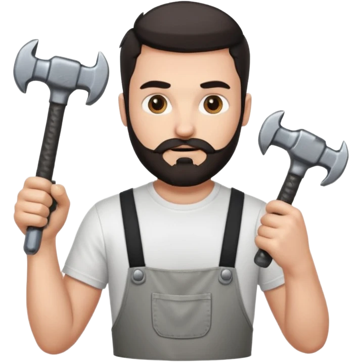 guy who looks very handsome, he has a dark beard, wears a white tee shirt and holds a wrench in one hand and a black hammer in the other hand emoji