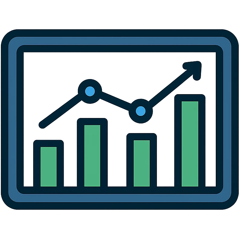 modern business metrics dashboard icon, flat vector style, rectangular display with navy frame, white background, four green bars of increasing height, overlaid with blue line graph and data points, minimal tech-inspired clean emoji