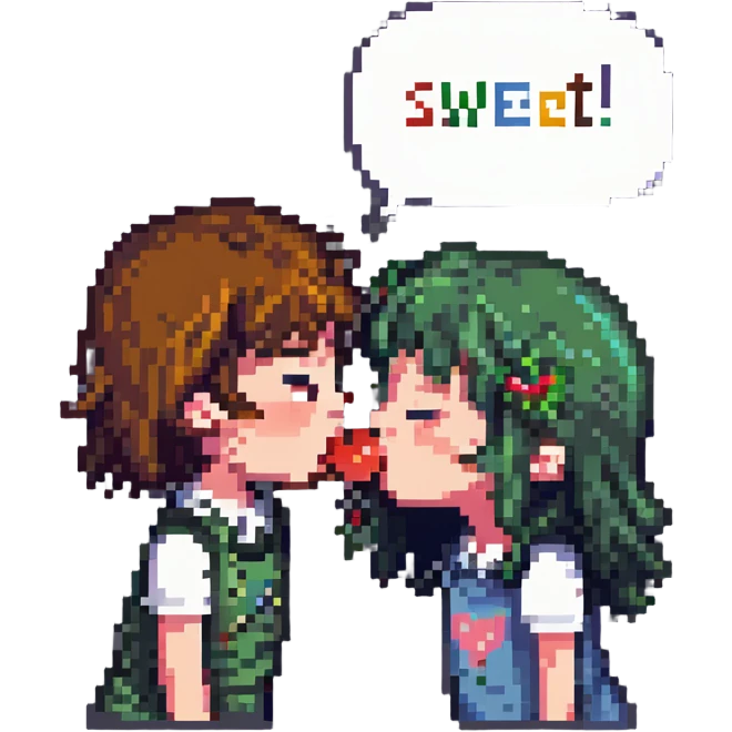 a girl and boy kissing inside a Hello Kitty-themed room, the girl says "sweet!" in a speech bubble, variant with different colors emoji