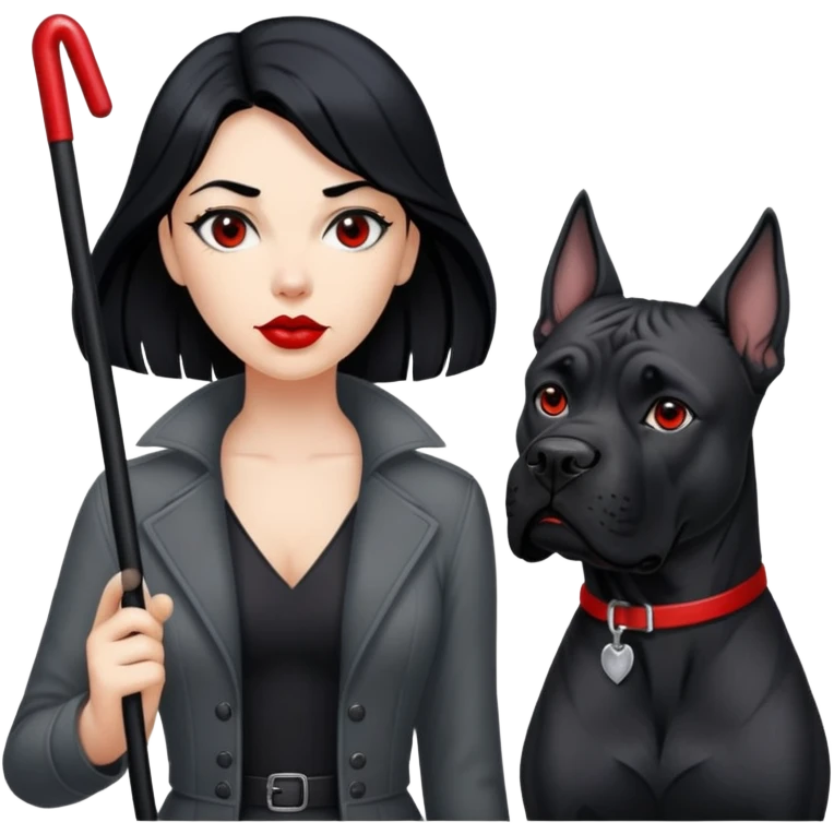 woman with long black hair and red lips next to a black Cane Corso dog with cropped ears and short tail emoji