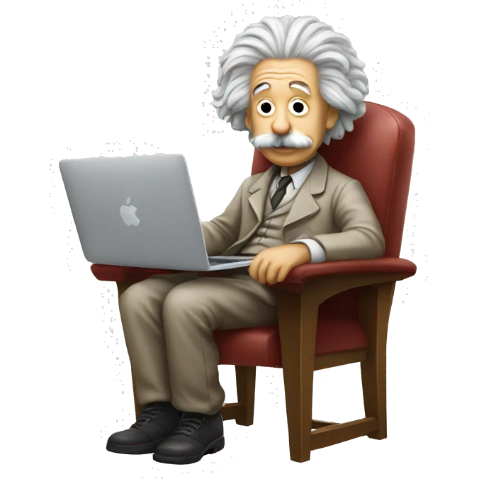 albert einstein sitting in the chair with apple macbook emoji