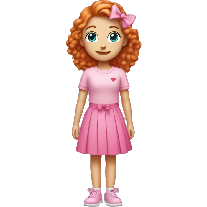 ginger girl with blue eyes holding up heart hands with a pink shirt and a pink skirt with a pink bow emoji