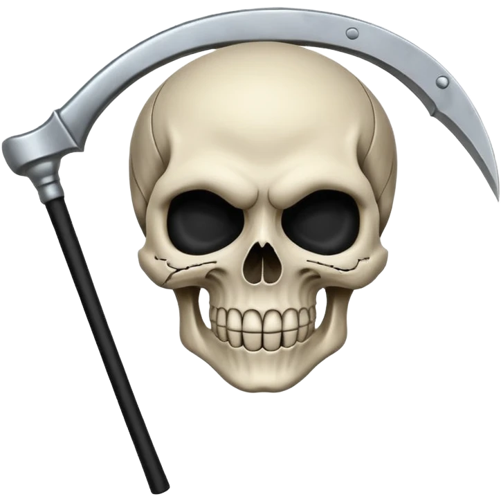 A laughing skull with a scythe crossed behind it, one eye socket winking. Clean, stylized lines, flat vector. Medieval woodcut style. Black and white with one accent color (tarnished silver). No background. emoji