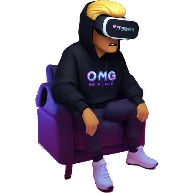 Donald Trump wearing a black hoodie with "OMG" letters on it and VR headset oculus quest 2 in a cyberpunk VR environment with violet neon lighting. emoji