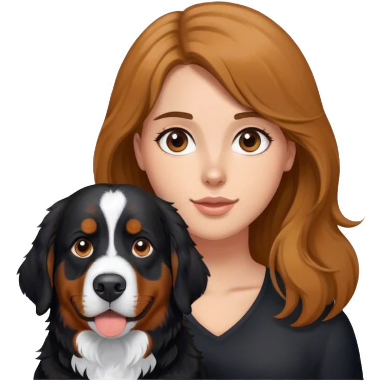 Tête de Chien de race bouvier bernois noir avec jeune femme cheveux châtain clair  emoji