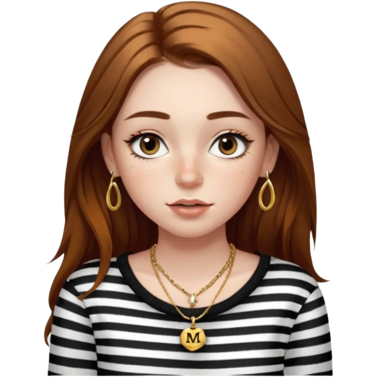 Chica guapa con pecas debajo del labio, pestañas largas con rímel, cejas finas y peludas, pelo marrón medio largo, piercing en la nariz, collar dorado con una "M" y jersey negro de rayas blancas con un hombro descubierto. emoji