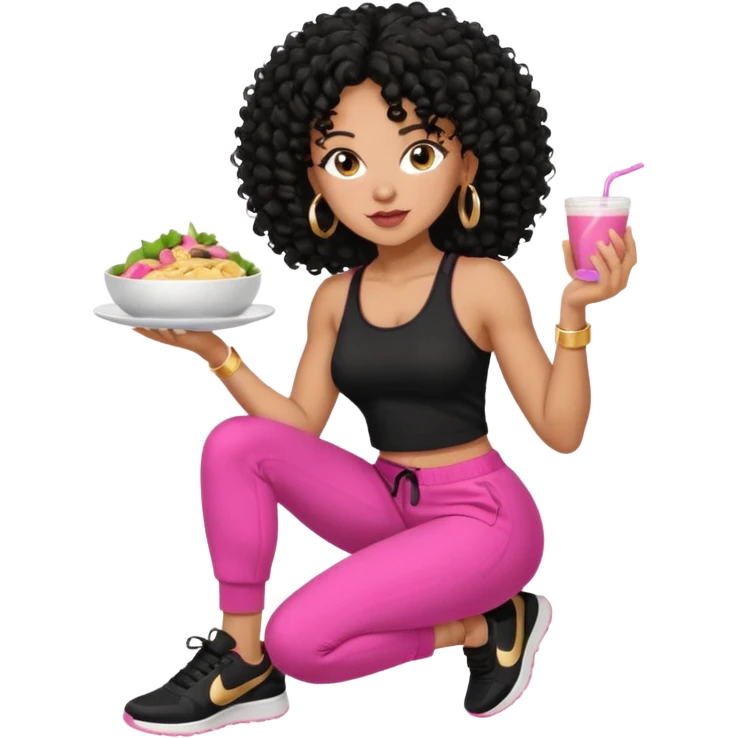 Black woman, adult, 4C black curly hair, dark brown eyes, wearing black top, pink pants, black sneakers, gold hoop earrings comendo fitness emoji