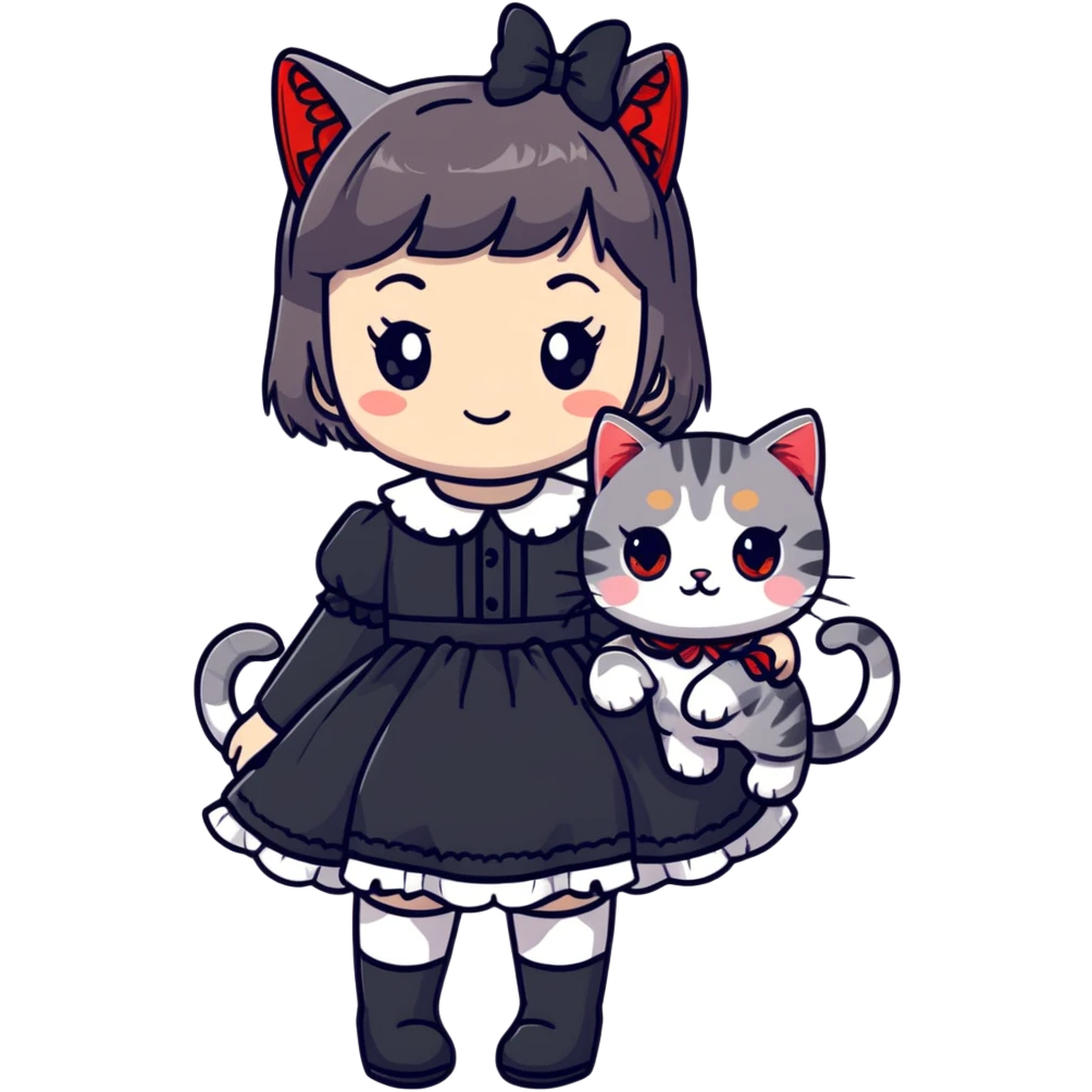 girl wearing black Lolita style dress, with medium-length black hair with red tips, and a gray American Shorthair tabby cat emoji