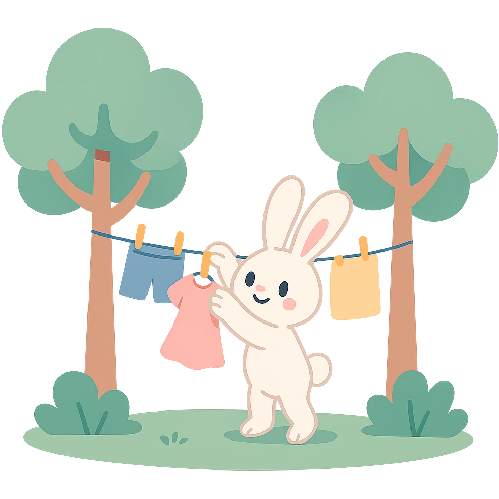 bunny hanging laundry between trees, calming domestic forest feel, pastel colors, high quality, no imperfections emoji