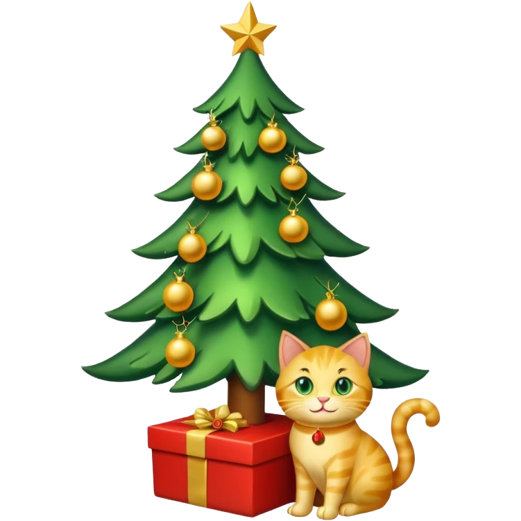 Christmas tree with w happy gold cat under emoji