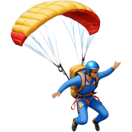 A base jumper soaring through the air, parachute deployed, flying off a steep mountain peak. The background is filled with majestic mountains, clear blue sky, and distant clouds, capturing the exhilarating thrill and beauty of extreme sports. emoji