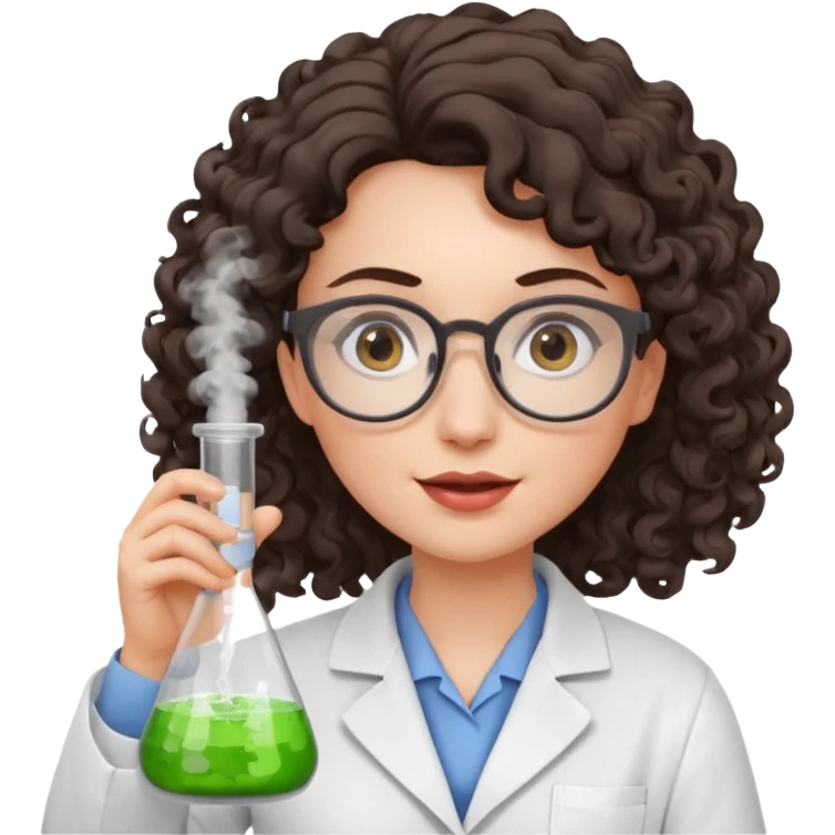 A crazy female scientist, with curly dark brown hair, brown eyes and grey glasses and pale skin  emoji
