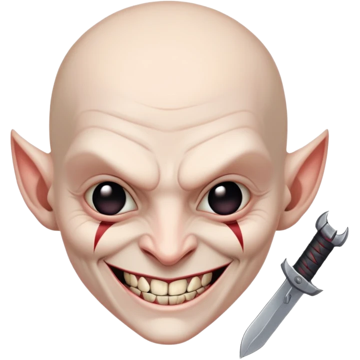 evil villain with razor blade weapons, completely hairless, sinister smile emoji