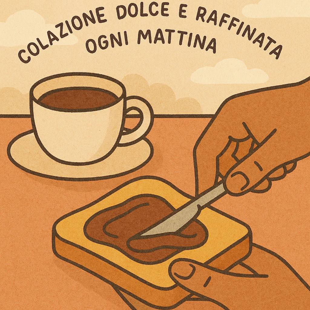 Primo piano di una mano maschile che spalma crema di nocciole su una fetta di pane bianco, accanto una tazza di caffè zuccherato, testo in italiano: “Colazione dolce e raffinata ogni mattina”. emoji