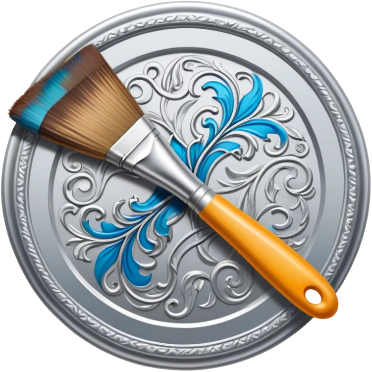 Metal painting icon, intricate hand-painted metal surface with detailed patterns, visible paintbrush, metal tools, and vibrant enamel or acrylic paints, no finished artwork, just the painting process, minimalistic style, clean lines, transparent background. emoji
