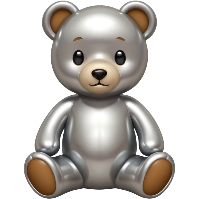 A cute teddy bear emoji made of liquid silver chrome, smooth rounded body, glossy metallic surface, soft reflections, friendly proportions, iOS emoji style, centered, clean white background emoji