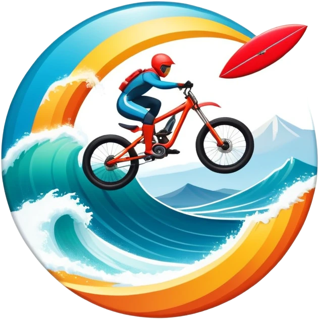 A bold, dynamic emblem combining elements of extreme sports like a mountain, a bike, surfing, ocean and a parachute, all within a circular or shield-like shape. The design conveys speed, adventure, with sharp lines and vibrant colors representing the thrill and intensity of extreme sports. emoji