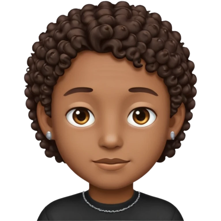 a boy emoji with a milk chocolate skin color, short dark brown curly hair with 2 silver stud earrings on both ears and 2 slits on each eyebrow and is wearing a black shirt with a silver necklace  emoji