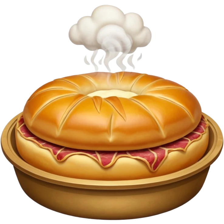 closed round meat esfirra with shiny dough, steam detail coming out emoji