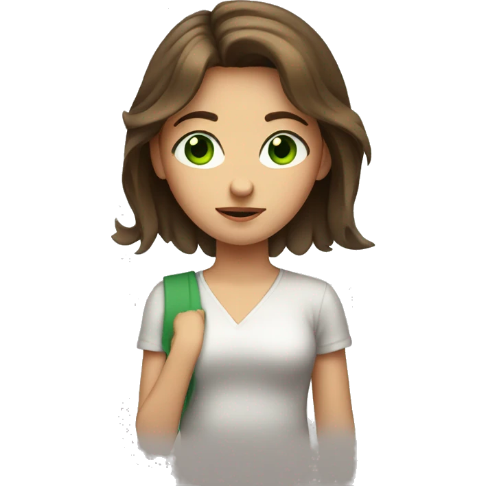 Girl with brown hair and green eyes shrugging shoulders  emoji