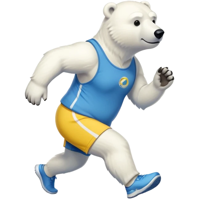 friendly anthropomorphised polar bear jogging upright, wearing blue and yellow athletic outfit and dark sunglasses emoji
