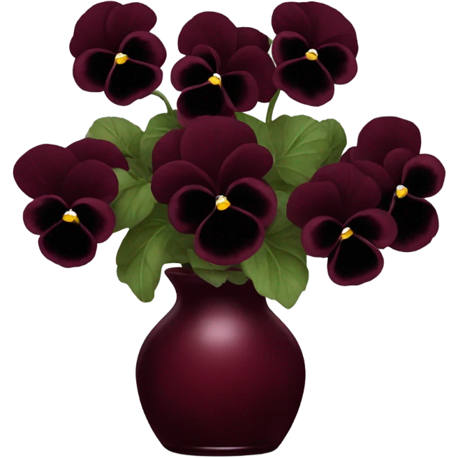 A luxurious deep red glass vase holding a bouquet of dark burgundy pansies emoji