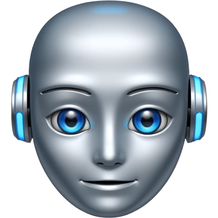 friendly AI robot, metallic face, glowing blue eyes, simple and expressive emoji
