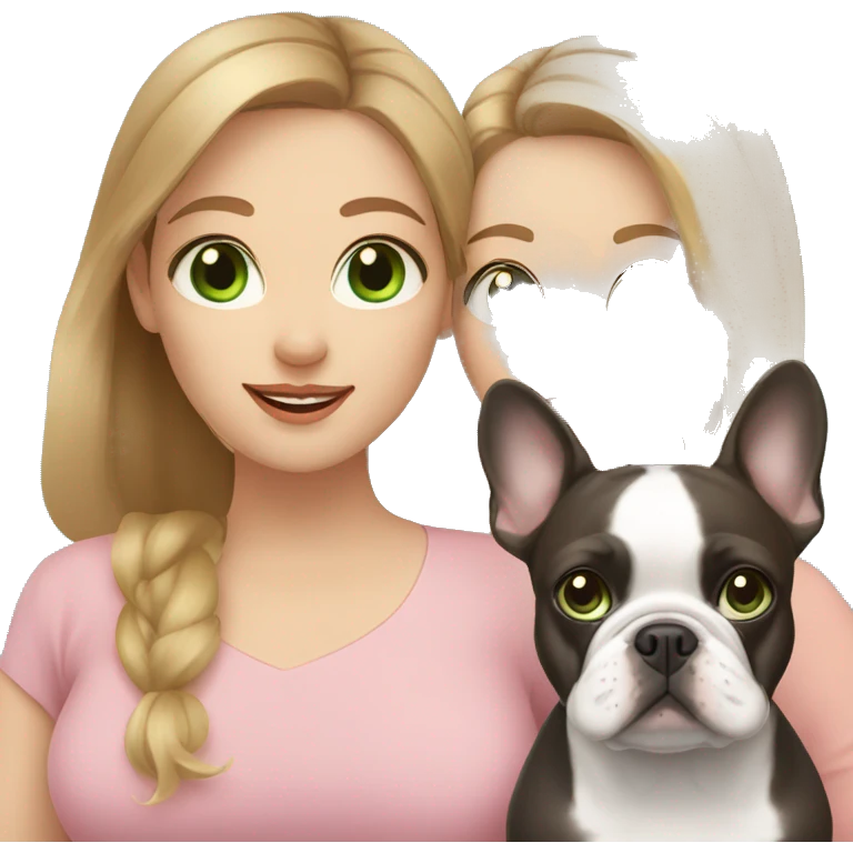 Mom with light brown hair and green eyes, daughter with light brown hair and blue eyes, French bulldog emoji