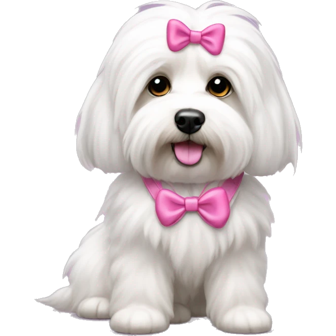 Long haired Coton de Tulear dog with pink harness and pink hair bow emoji